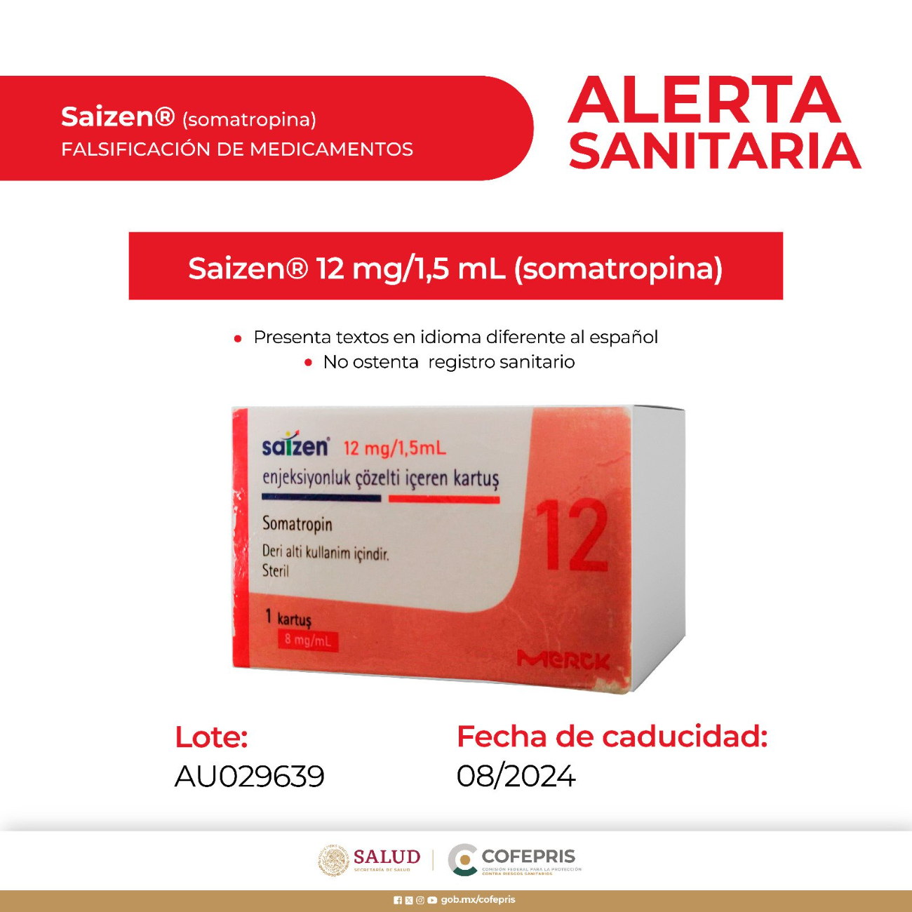 Primera presentación del producto falso de Saizen Primera presentación del producto falso de Saizen