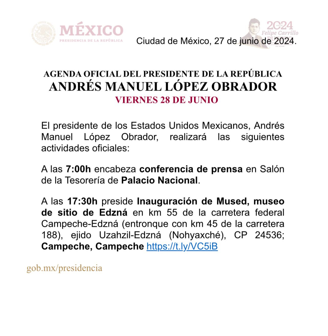 Agenda del presidente Andrés Manuel López Obrador para el viernes 28 de junio Agenda del presidente Andrés Manuel López Obrador para el viernes 28 de junio