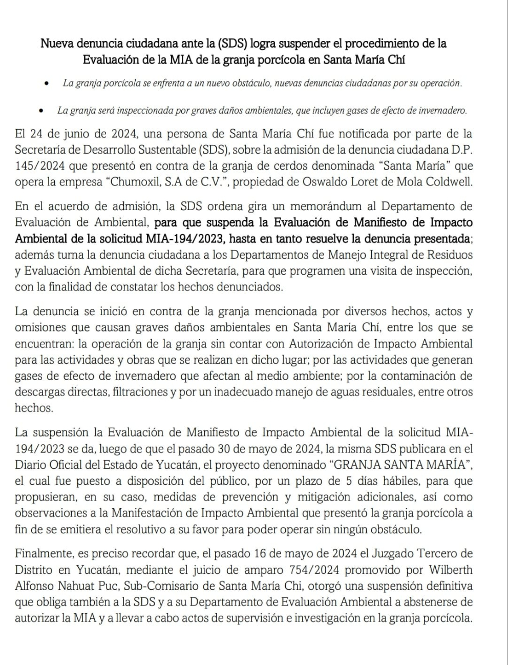La comisaría de Santa María Chi compartió el comunicado La comisaría de Santa María Chi compartió el comunicado