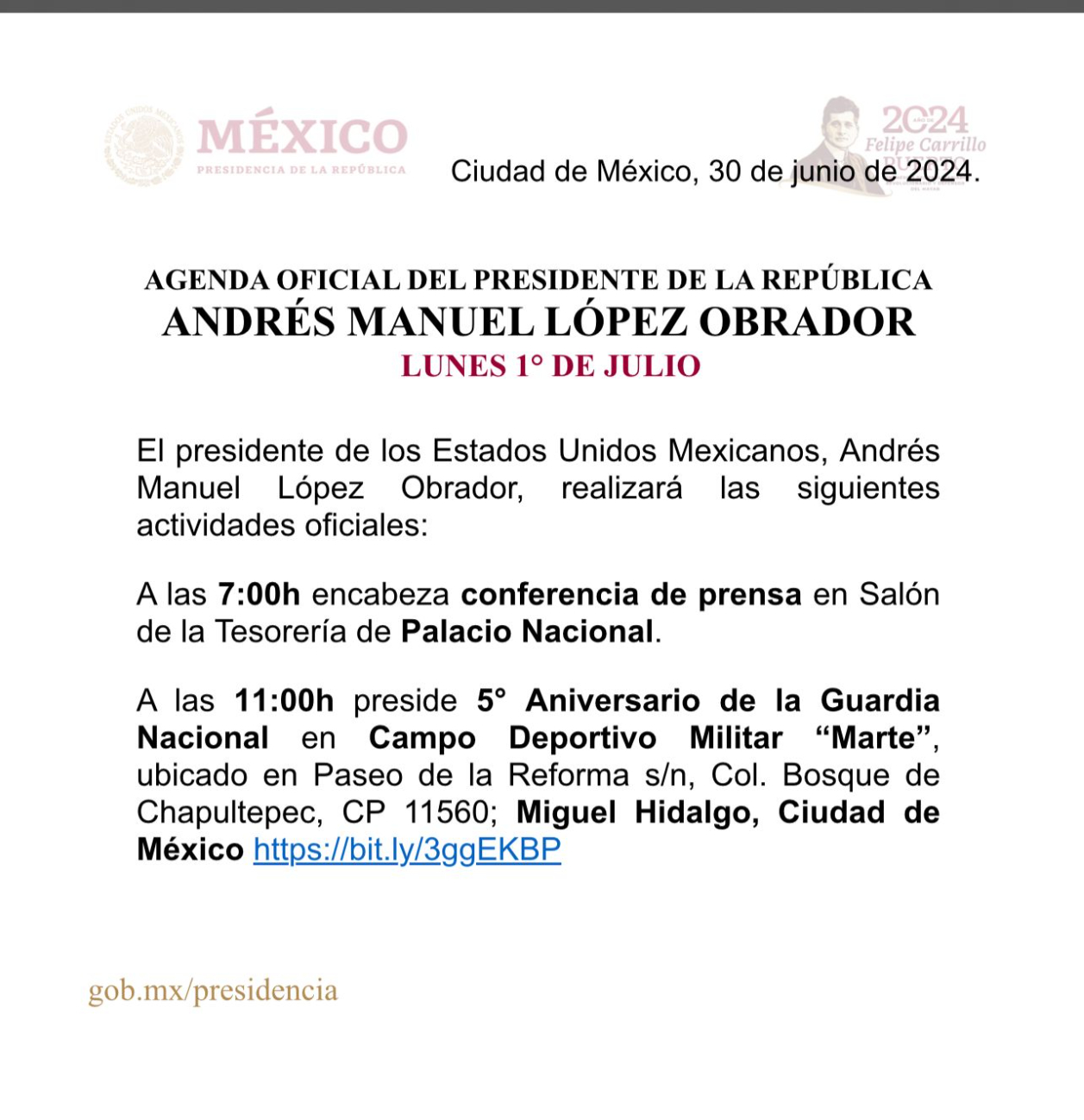 Agenda oficial del presidente AMLO para el lunes 1 de julio de 2024 Agenda oficial del presidente AMLO para el lunes 1 de julio de 2024