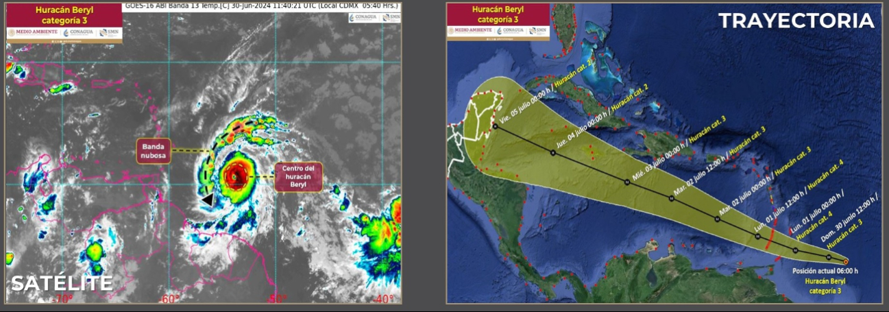 El Huracán Beryl evolucionará a categoría 4 este lunes, detalló la Conagua El Huracán Beryl evolucionará a categoría 4 este lunes, detalló la Conagua