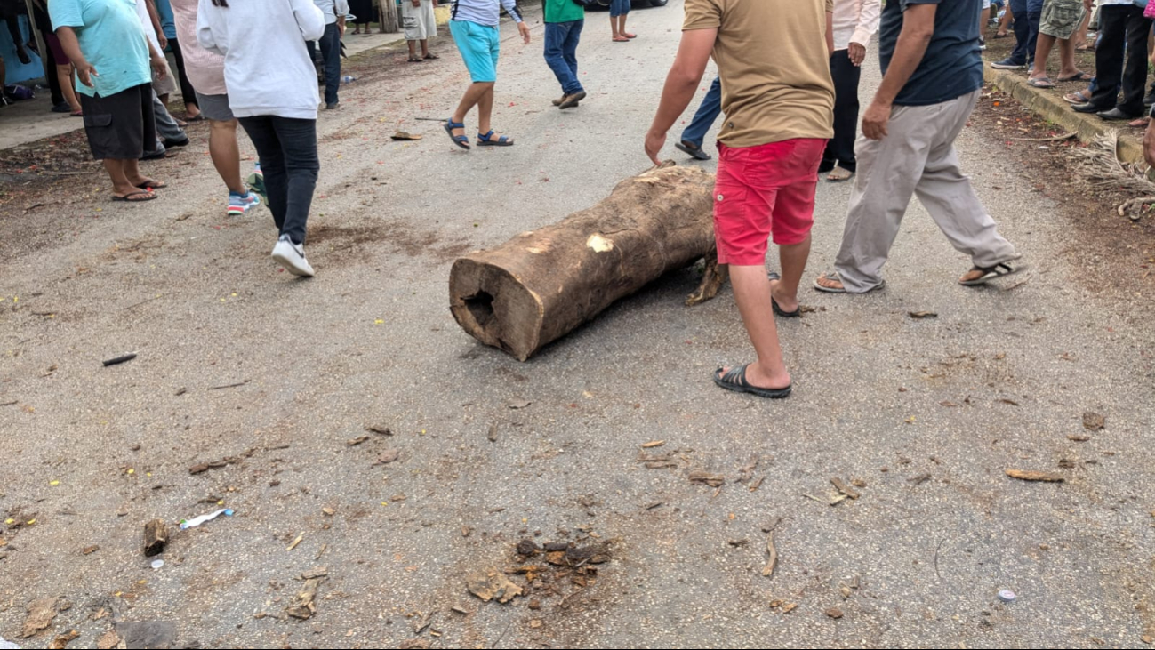 La carretera permanecía bloqueada con troncos en Dziuché La carretera permanecía bloqueada con troncos en Dziuché