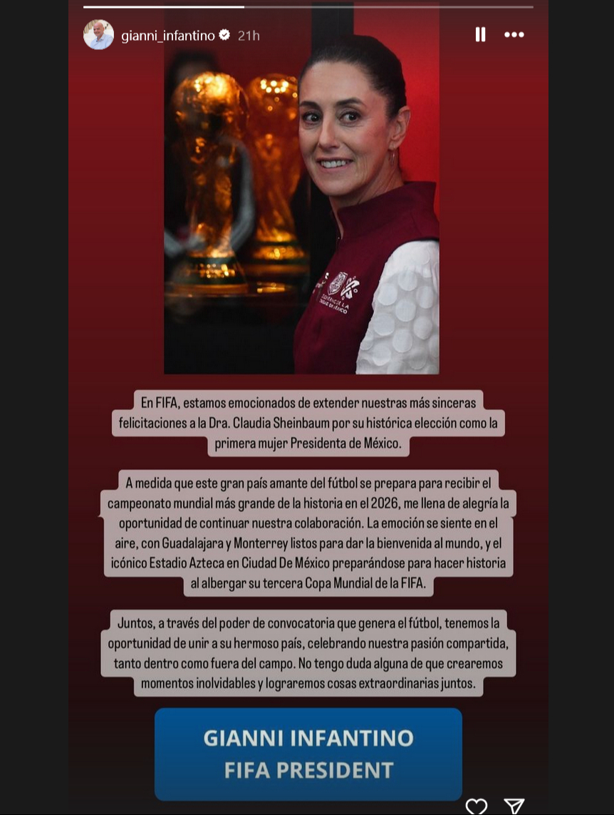 Felicitación de Gianni Infantino a Claudia Sheinbaum