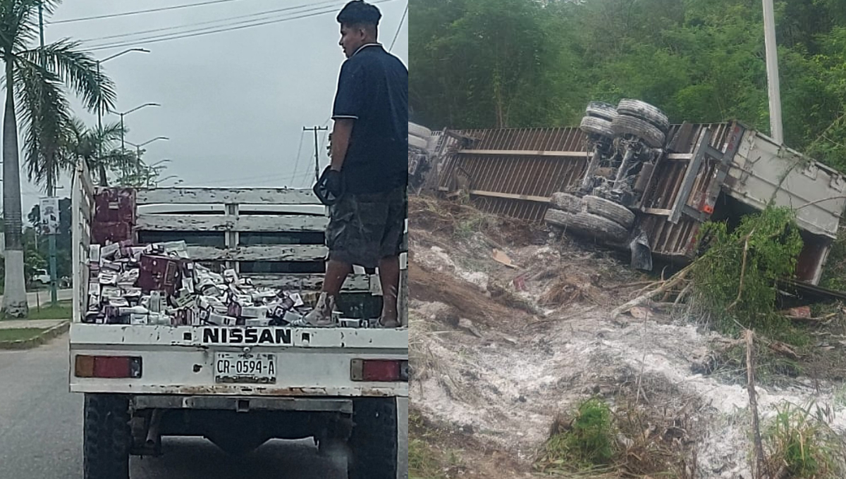 Rapiñan cajas de leche de tráiler volcado en la Escárcega – Villahermosa 