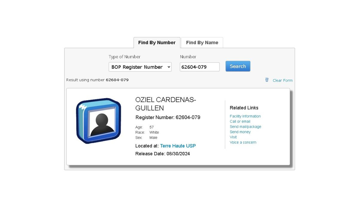 Ficha de Osiel Cardenas en los registros de la Oficina Federal de Prisiones (BOP, por sus siglas en inglés) Ficha de Osiel Cardenas en los registros de la Oficina Federal de Prisiones (BOP, por sus siglas en inglés)