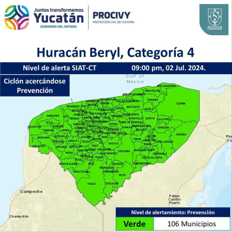 Activan alerta verde en Yucatán por Beryl Activan alerta verde en Yucatán por Beryl
