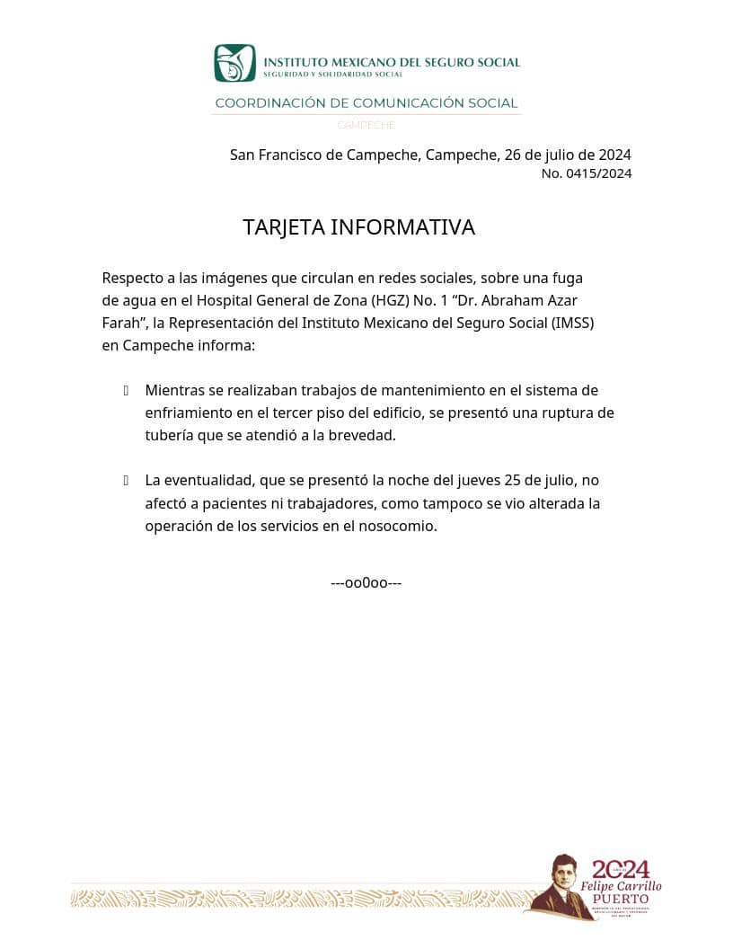 El IMSS explicó que la fuga ocurrió durante trabajos de mantenimiento y fue atendida rápidamente. El IMSS explicó que la fuga ocurrió durante trabajos de mantenimiento y fue atendida rápidamente.