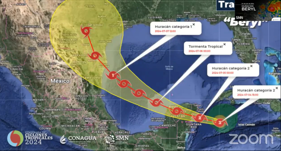 Esta sería la trayectoria del Huracán Beryl en las próximas horas Esta sería la trayectoria del Huracán Beryl en las próximas horas