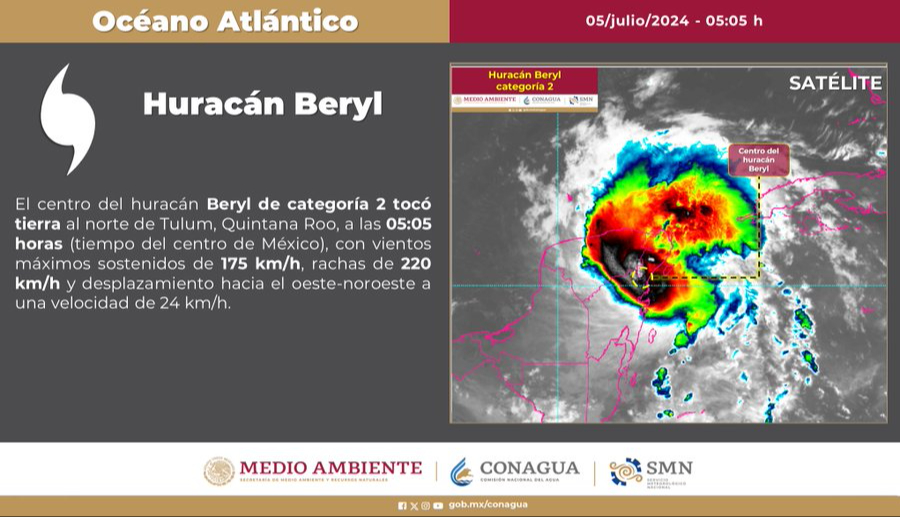 El huracán Beryl tocó tierra a las 05:05 horas al norte de Tulum El huracán Beryl tocó tierra a las 05:05 horas al norte de Tulum