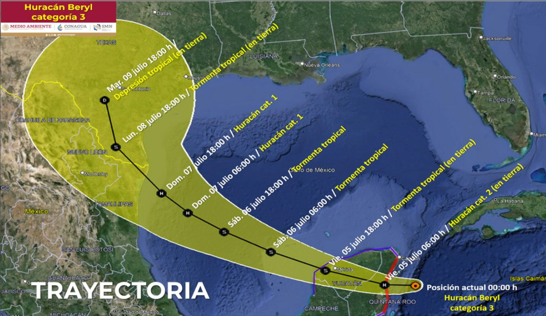 Esta es la trayectoria del huracán Beryl de acuerdo al último reporte de Conagua Esta es la trayectoria del huracán Beryl de acuerdo al último reporte de Conagua