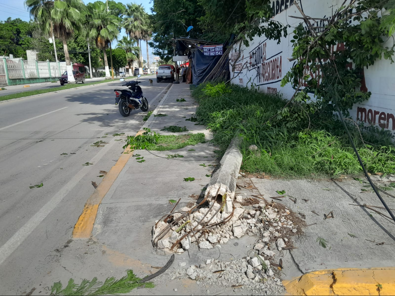 Tractocamión derriba poste de Telmex y se da a la fuga en Escárcega