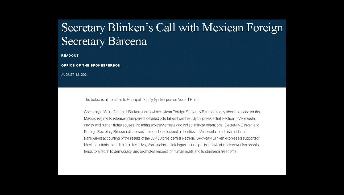 Comunicado del Departamento de Estado de EU sobre la conversación entre Antony Blinken y Alicia Bárcena Comunicado del Departamento de Estado de EU sobre la conversación entre Antony Blinken y Alicia Bárcena