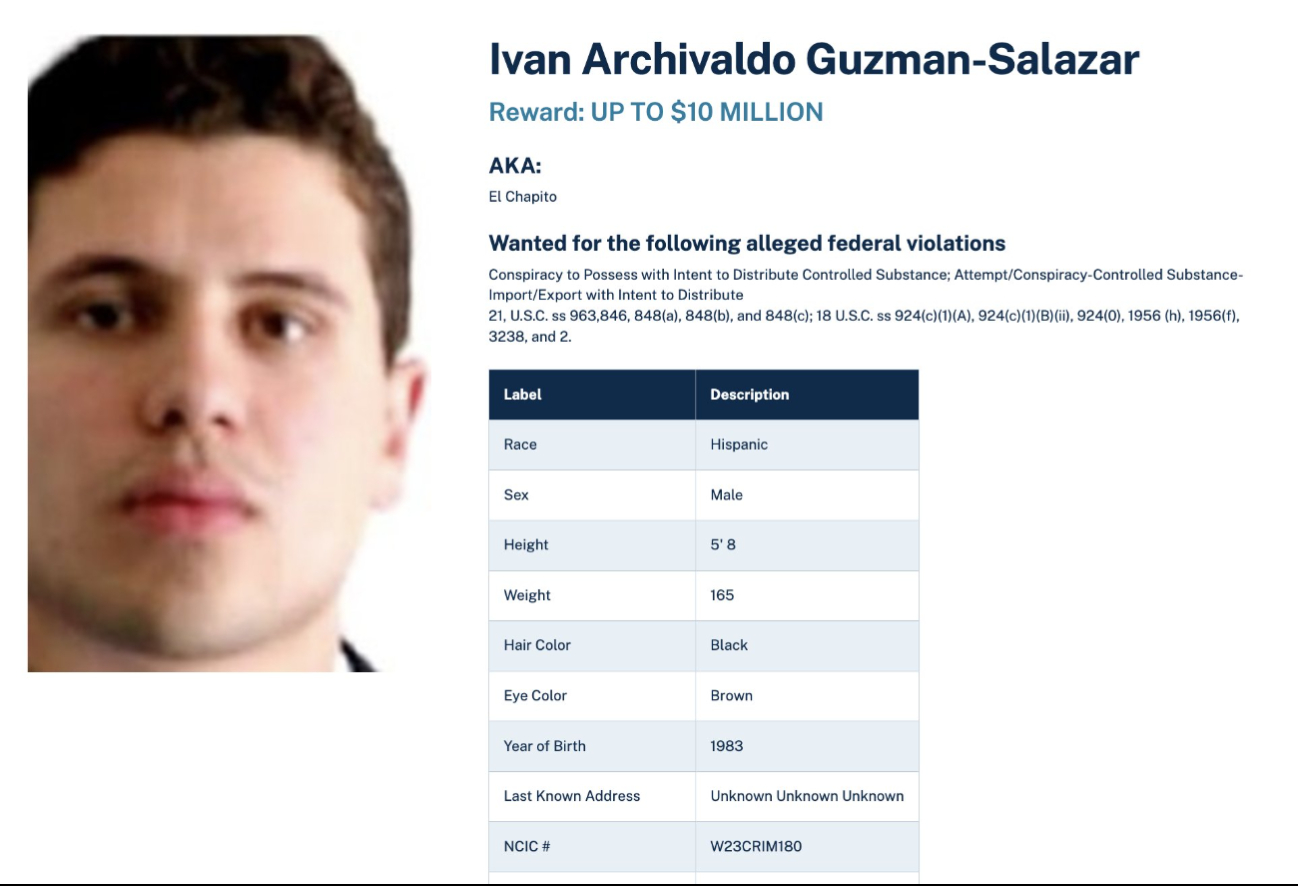 La DEA ofrecería más de 10 millones de dólares por la captura de Iván Archivaldo Guzmán La DEA ofrecería más de 10 millones de dólares por la captura de Iván Archivaldo Guzmán