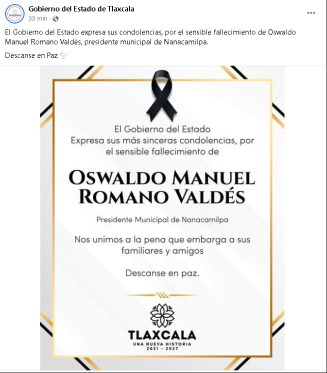 Condolencias del Gobierno de Tlaxcala Condolencias del Gobierno de Tlaxcala