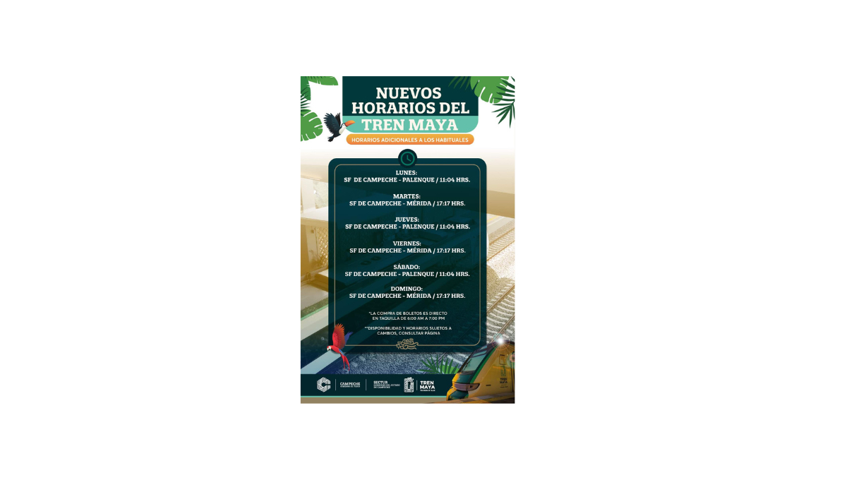 Los horarios habituales son a las 07:00 y 13:40 hacia Cancún, y a las 14:47 hacia Palenque, de lunes a domingo. Los horarios habituales son a las 07:00 y 13:40 hacia Cancún, y a las 14:47 hacia Palenque, de lunes a domingo.