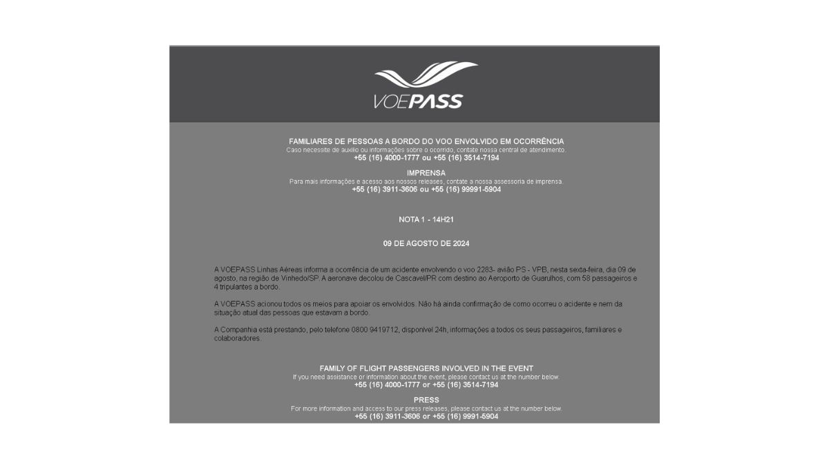 Comunicado de la aeroñínea VoePass Comunicado de la aeroñínea VoePass