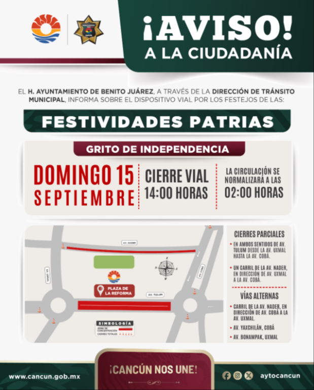   ¿Cuáles son las avenidas de Cancún que cerrarán por el 15  de septiembre?  