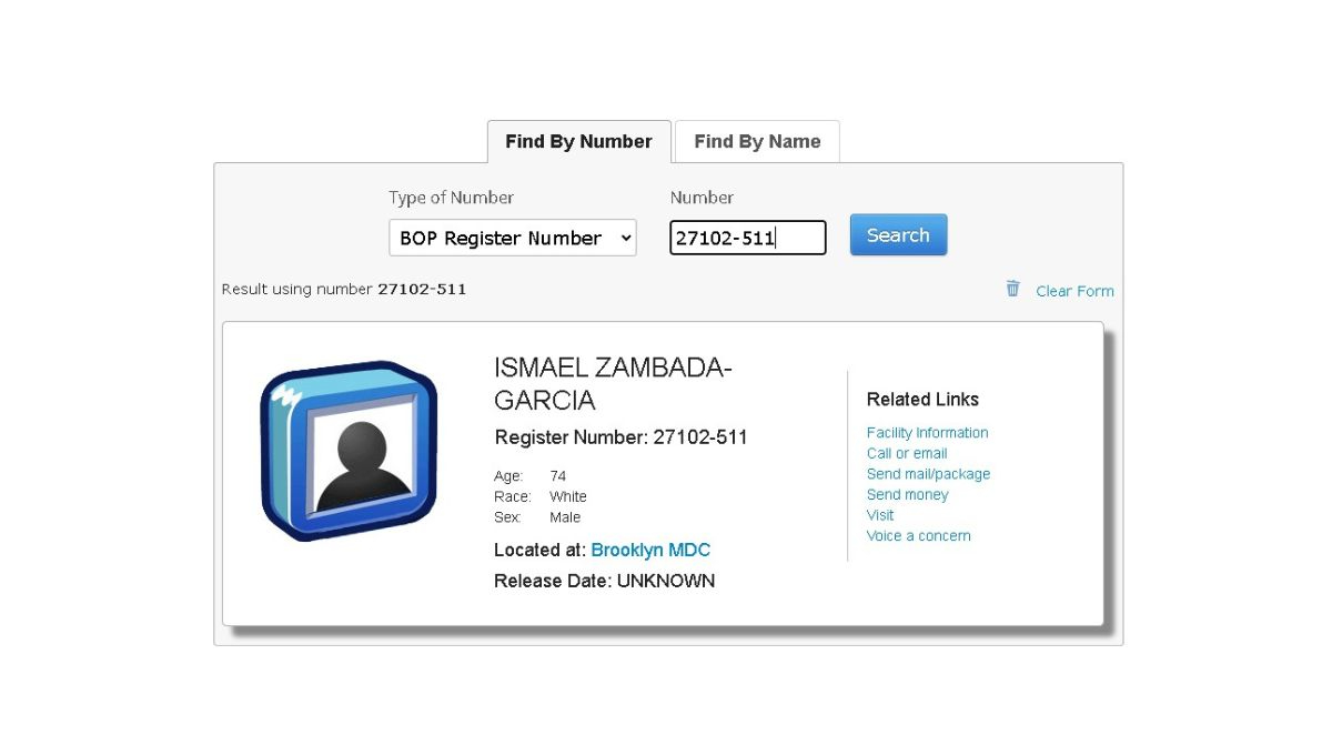 Ismael "El Mayo" Zambada, ya se encuentra en los registros del uró Federal de Prisiones (BOP) de Estados Unidos Ismael "El Mayo" Zambada, ya se encuentra en los registros del uró Federal de Prisiones (BOP) de Estados Unidos