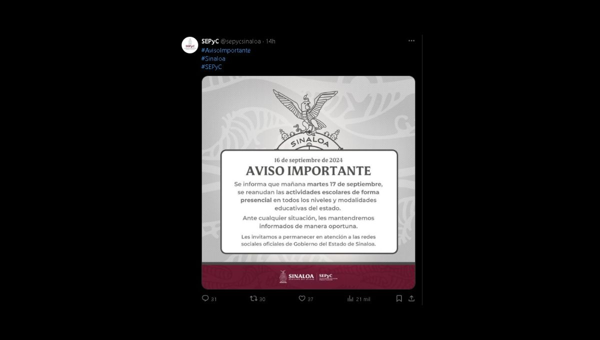 Aviso del regreso a clases en Sinaloa Aviso del regreso a clases en Sinaloa