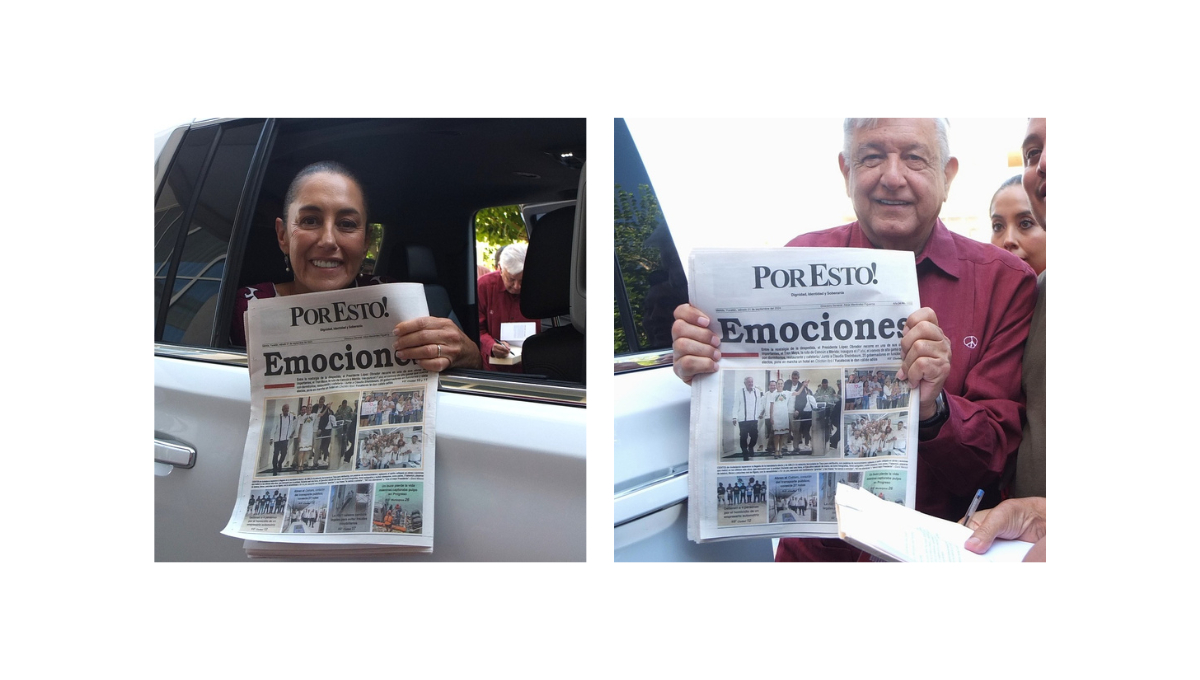 AMLO y Claudia recibieron su ejemplar del día del periódico POR ESTO!, donde aparece en la contraportada AMLO y Claudia recibieron su ejemplar del día del periódico POR ESTO!, donde aparece en la contraportada