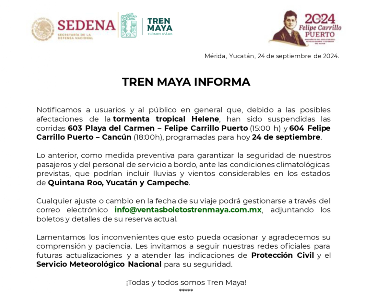 Comunican en redes suspensión de operaciones del Tren Maya por tormenta tropical Helene. Comunican en redes suspensión de operaciones del Tren Maya por tormenta tropical Helene.