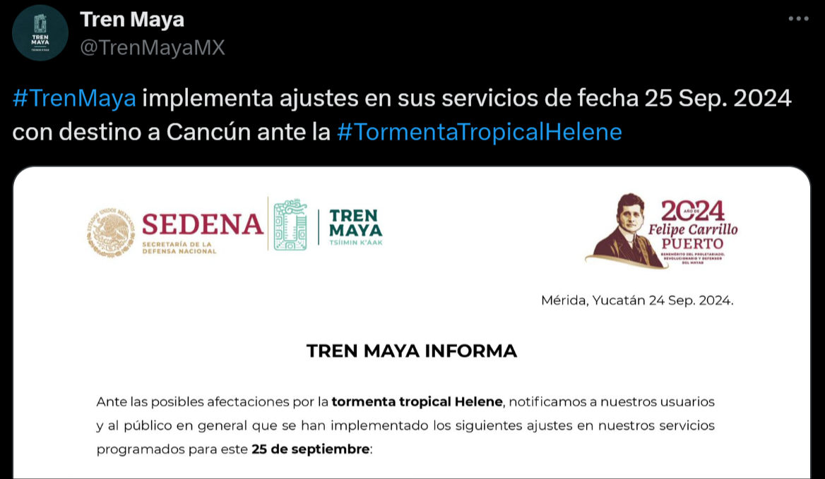 Suspenden servicios de Tren Maya   de la estación  Cancún Aeropuerto  