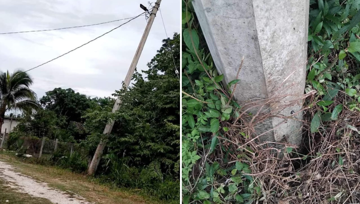 Un poste de concreto de la CFE en Belém, Escárcega, representa un riesgo debido a las lluvias recientes Un poste de concreto de la CFE en Belém, Escárcega, representa un riesgo debido a las lluvias recientes