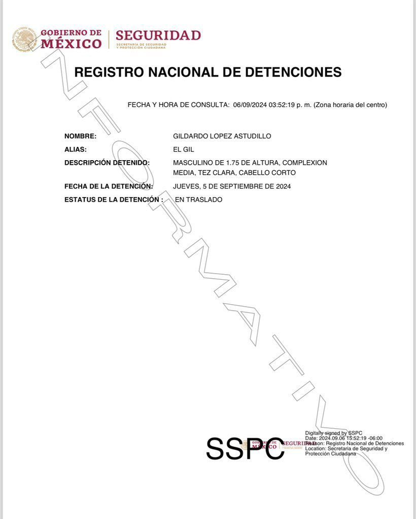 Acta del Registro Nacional de Detenciones que certifica el arresto de 'El Gil' Acta del Registro Nacional de Detenciones que certifica el arresto de 'El Gil'