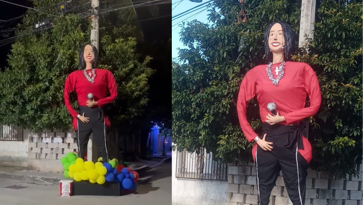 En redes sociales se viralizaron imágenes de una muñeca gigante de Ángela Aguilar quemada en Cancún para despedir el 2024 y recibir el 2025