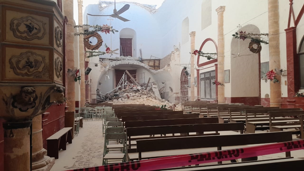 INAH evaluará daños en iglesia de San Luis Obispo de Calkiní tras derrumbe del techo