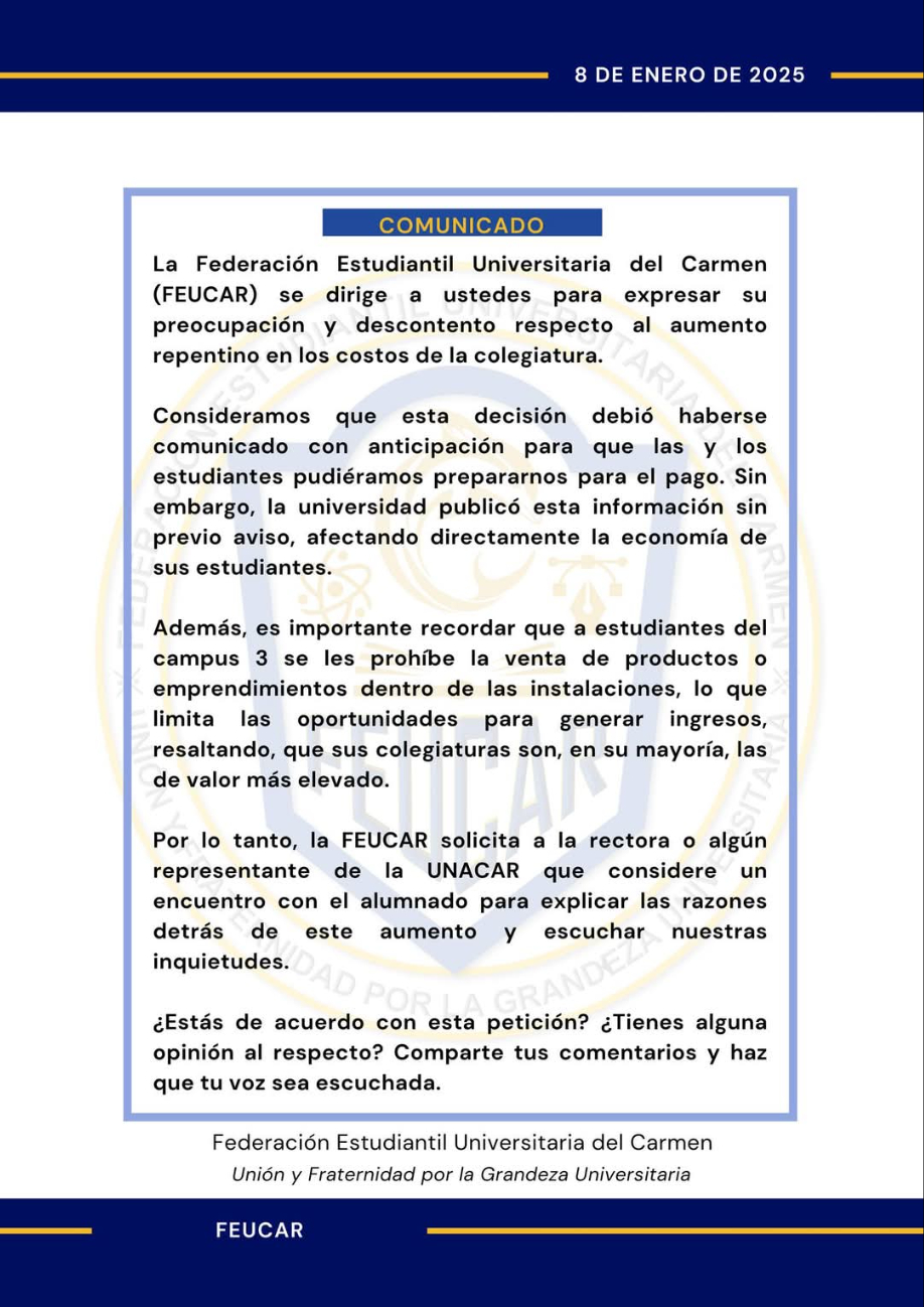 La FEUCAR exige diálogo con la rectora y defiende acciones pacíficas La FEUCAR exige diálogo con la rectora y defiende acciones pacíficas