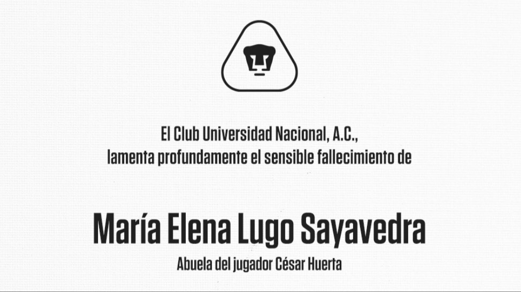 Club Pumas lamenta la muerte de la abuela de César 'Chino' Huerta. Club Pumas lamenta la muerte de la abuela de César 'Chino' Huerta.