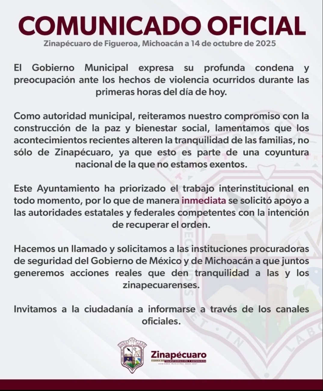 Comunicado del Gobierno Municipal de Zinapécuaro, Michoacán Comunicado del Gobierno Municipal de Zinapécuaro, Michoacán