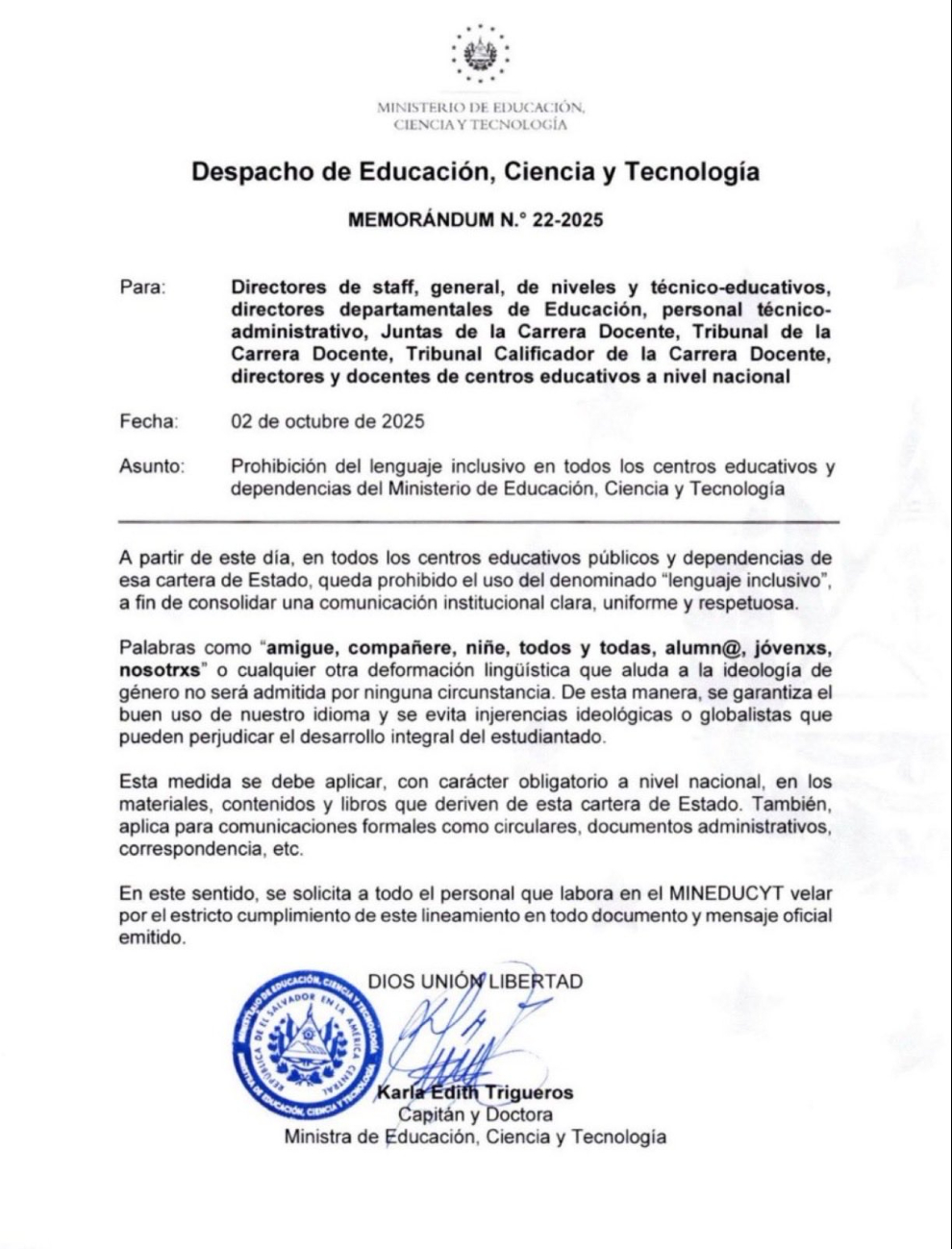 El memorándum prohíbe expresiones como amigue, niñe, alumn@, nosotrxs.