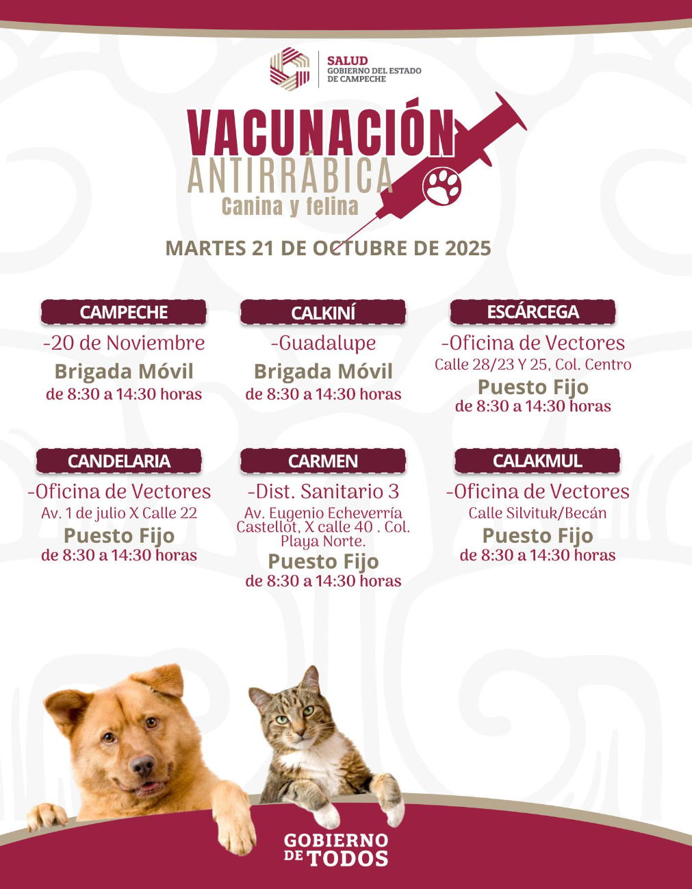 La vacunación se realizará de 8:30 a 14:30 horas en brigadas móviles y puestos fijos.