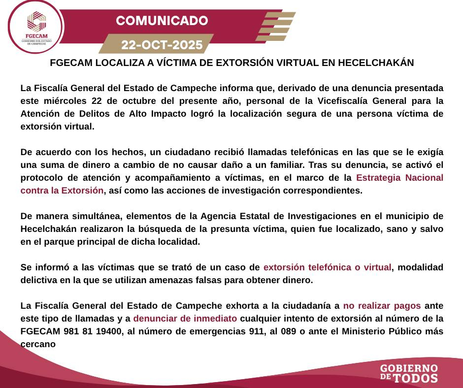 La Fiscalía exhorta a no caer en engaños y reportar cualquier intento al 911, 089 o 981 81 19400. La Fiscalía exhorta a no caer en engaños y reportar cualquier intento al 911, 089 o 981 81 19400.