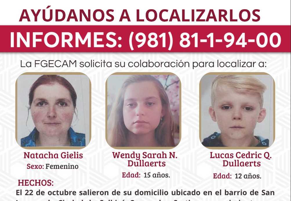 La Fiscalía de Campeche lanzó una alerta para localizar a una familia belga desaparecida. La Fiscalía de Campeche lanzó una alerta para localizar a una familia belga desaparecida.