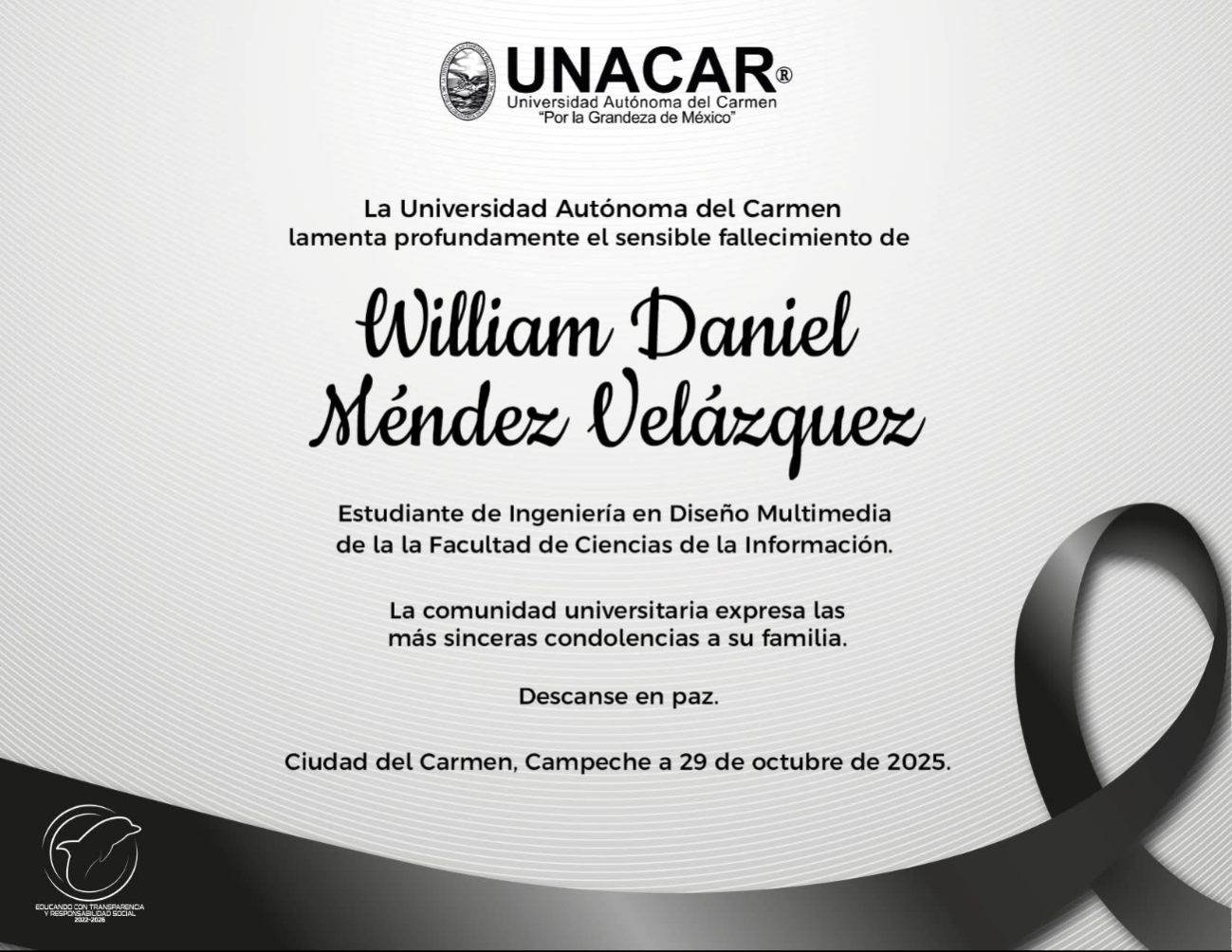 El Conalep y la Unacar expresaron condolencias por la pérdida de un alumno ejemplar.
