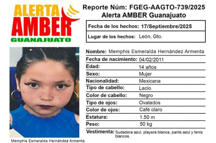 Memphis Esmeralda Hernández Arme, de 14 años fue reportada como desaparecida en León el pasado 17 de septiembre