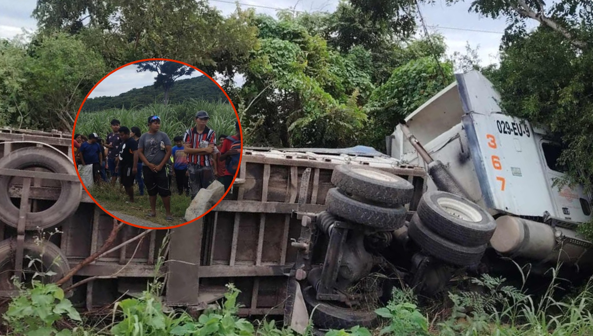 Con costales en mano, pobladores aprovechan rapiña tras volcadura de camión con maíz en la Haltunchén–Sihochac