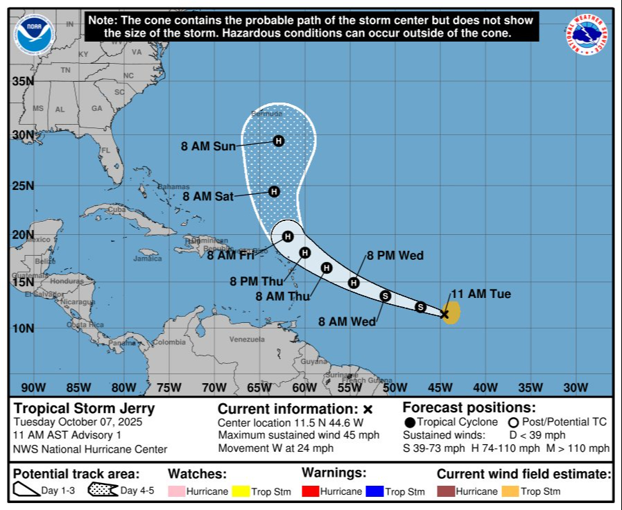Se forma la tormenta tropical “Jerry” en el Atlántico; sin riesgo para México
