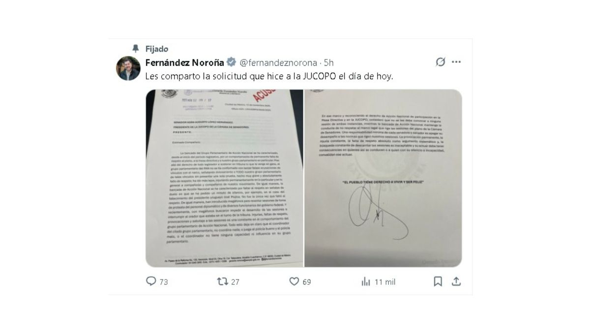 En su escrito, el senador Fernández Noroña calificó de “inadmisible” la actitud de la bancada panista