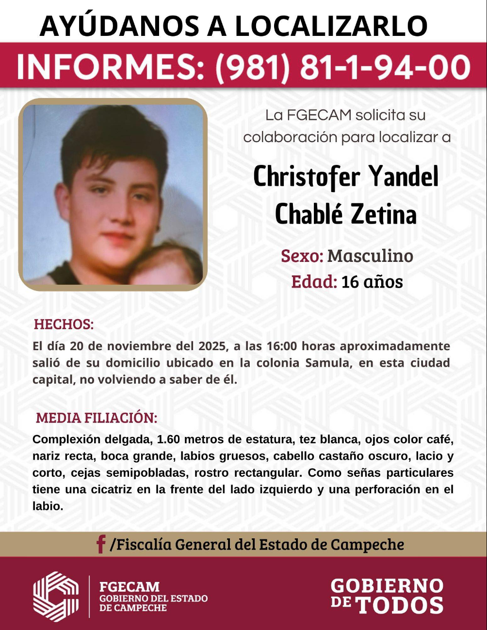 El joven desapareció el 20 de noviembre tras salir de su casa en la colonia Samulá.