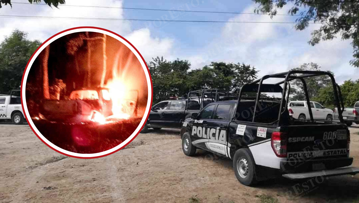 Percance en Nueva Rosita-Pablo Torres Burgos: camioneta consumida por el fuego