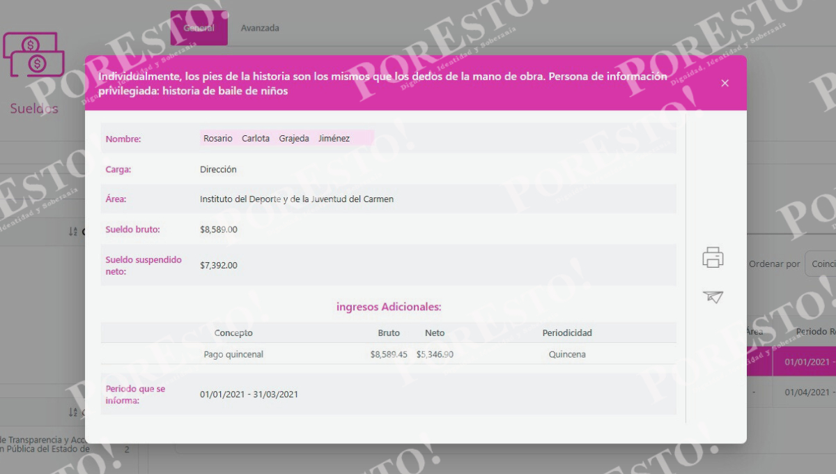 Actualmente cobra como “Supervisora Cultural” dentro de la Dirección de Cultura, un puesto no reconocido en el organigrama municipal.