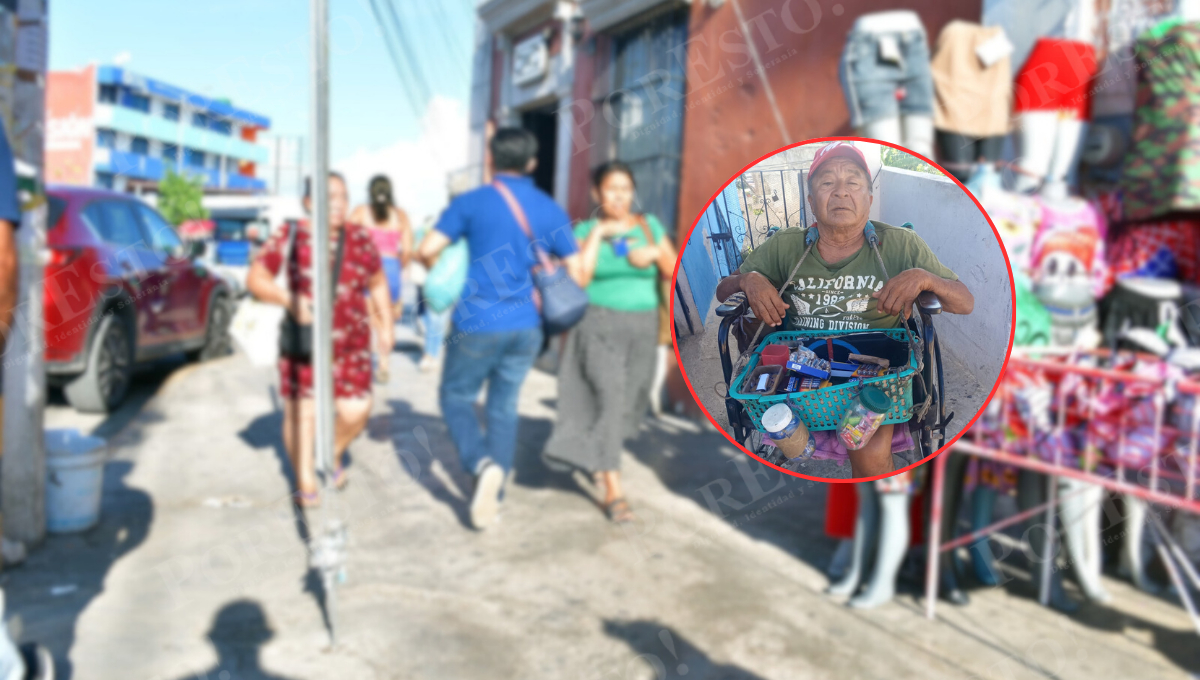 Manuel Ángel Cuevas Che, vendedor con discapacidad, denunció que una mujer le roba sus productos y dinero en el área del mercado de San Pedro.