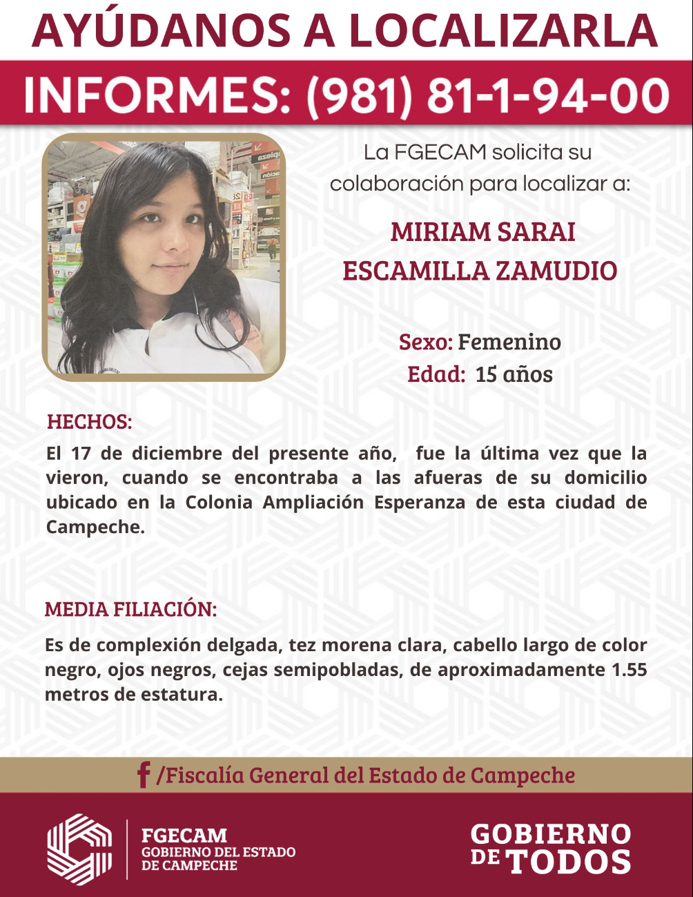 La Fiscalía pidió apoyo ciudadano para aportar información que ayude a localizarla.