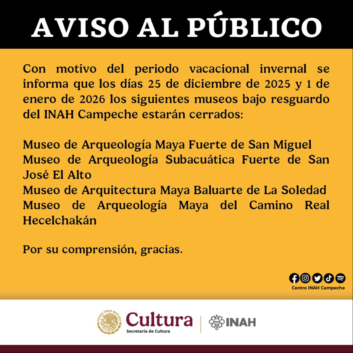 Museos del INAH en Campeche cerrarán el 25 de diciembre de 2025 y 1 de enero de 2026.
