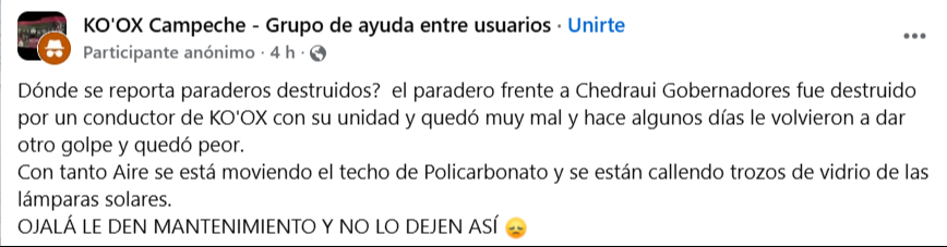 Ciudadanos advierten riesgo para usuarios que esperan el transporte.