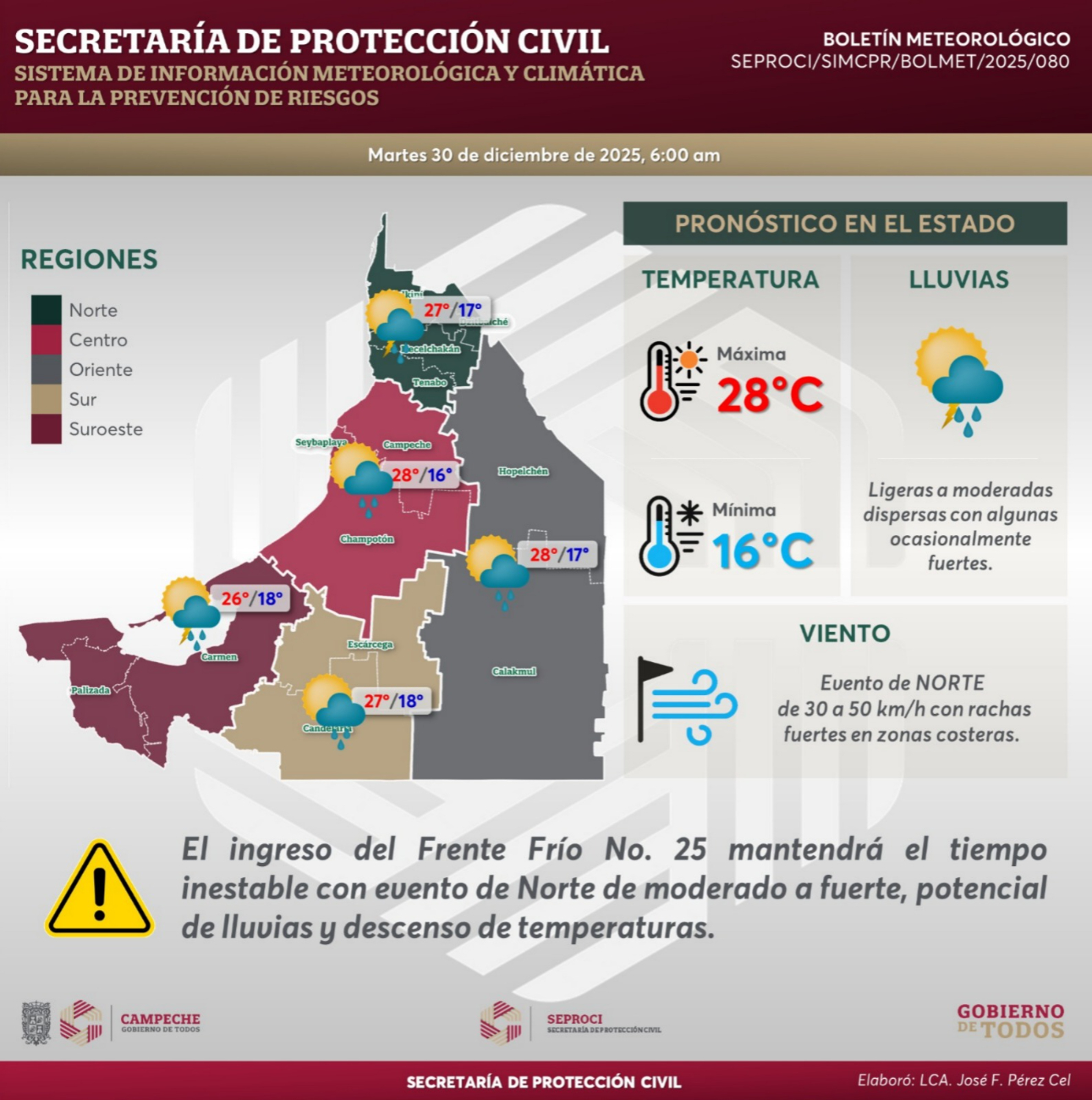Se prevé evento de Norte con vientos de 30 a 50 km/h en zonas costeras.